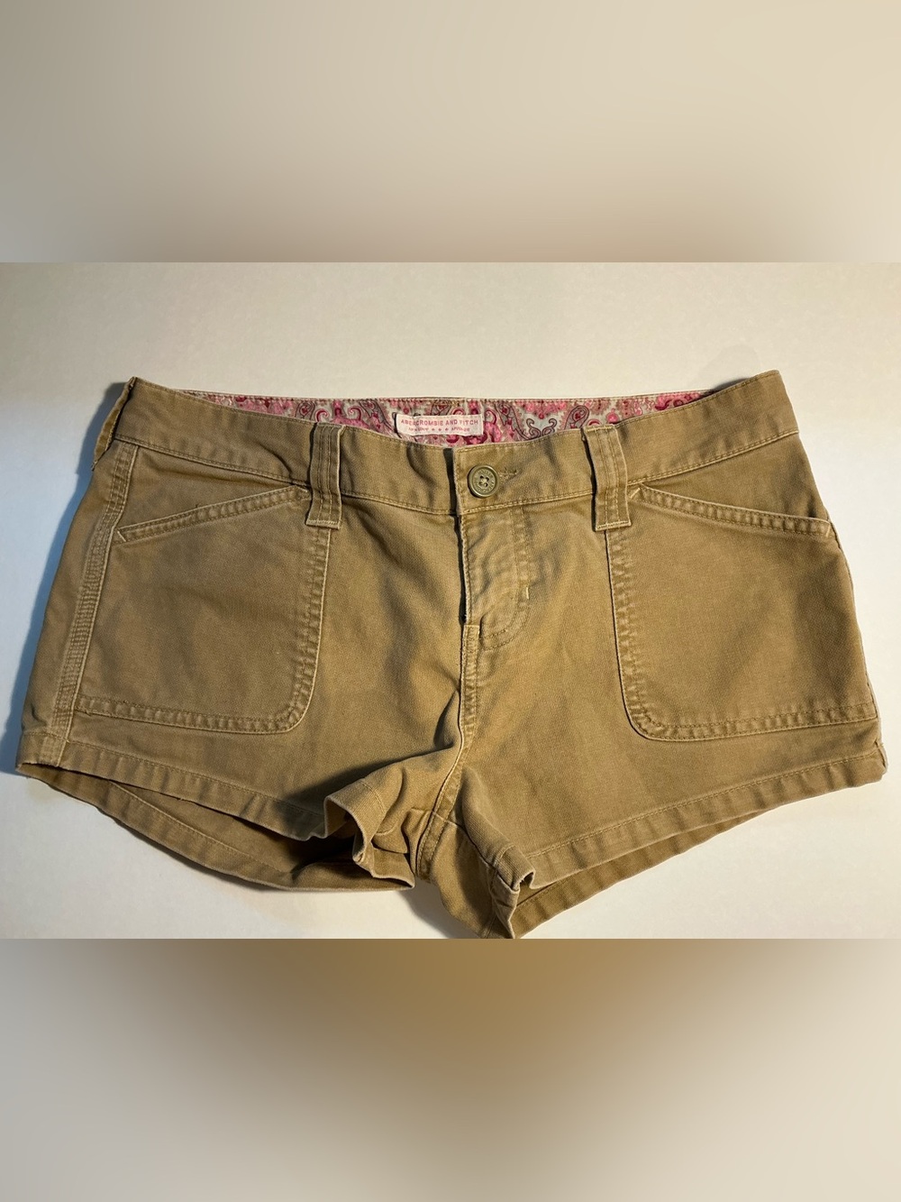 Y2K era Vintage Abercrombie & Fitch Tan Women's Jean Shorts w/ Paisley Waistband